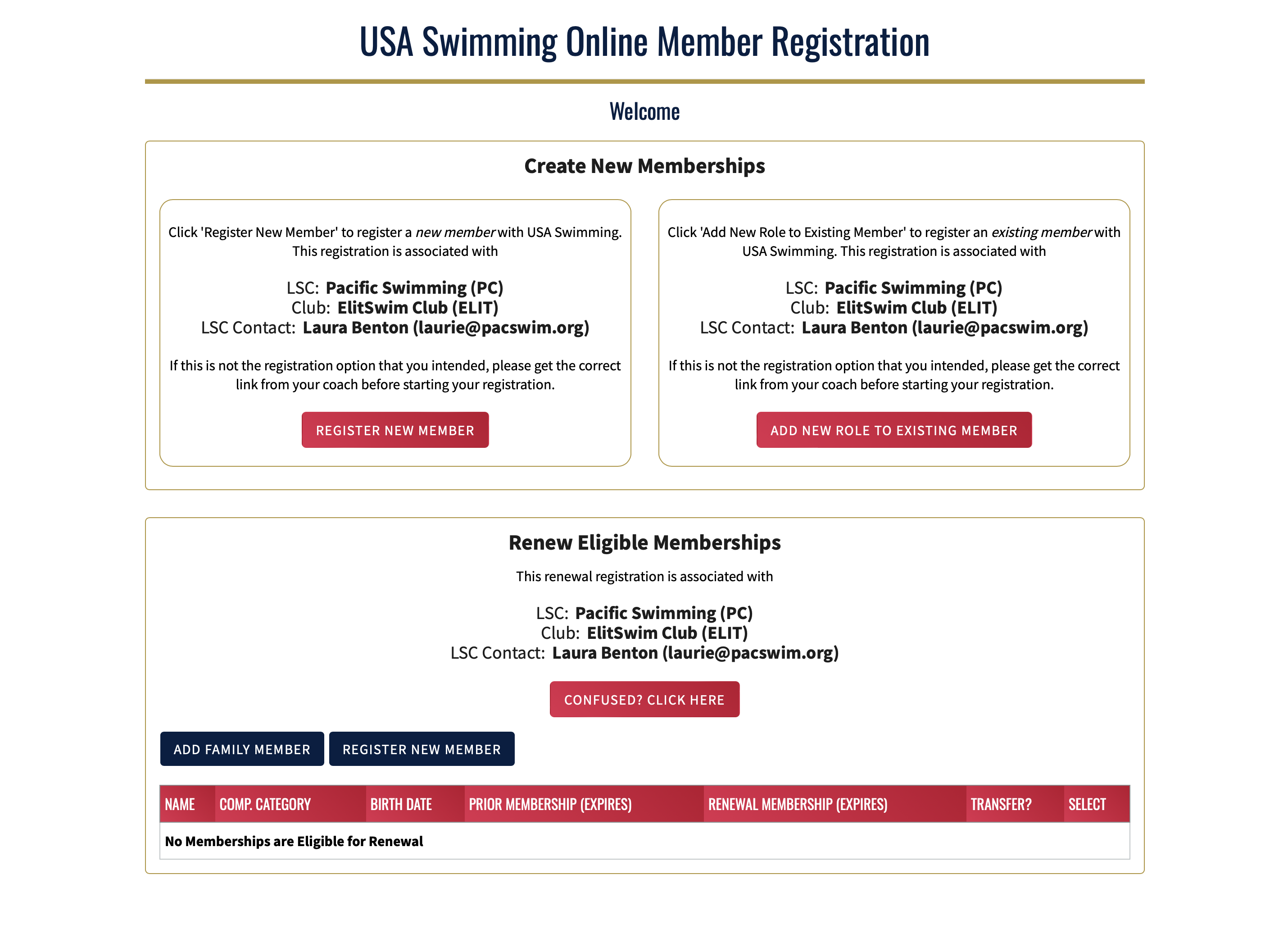 USA Swimming Registration Screenshot